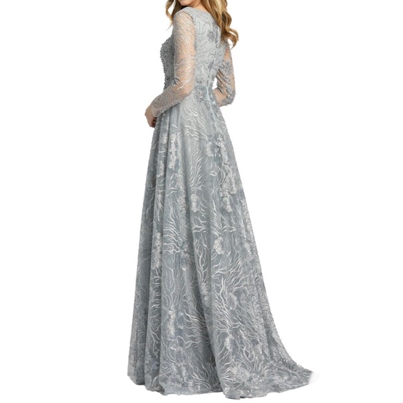 Mac Duggal Dove Grey Jeweled Encrusted Long Sleeve Square Neck Gown - Reemoly - Picture 2 of 3